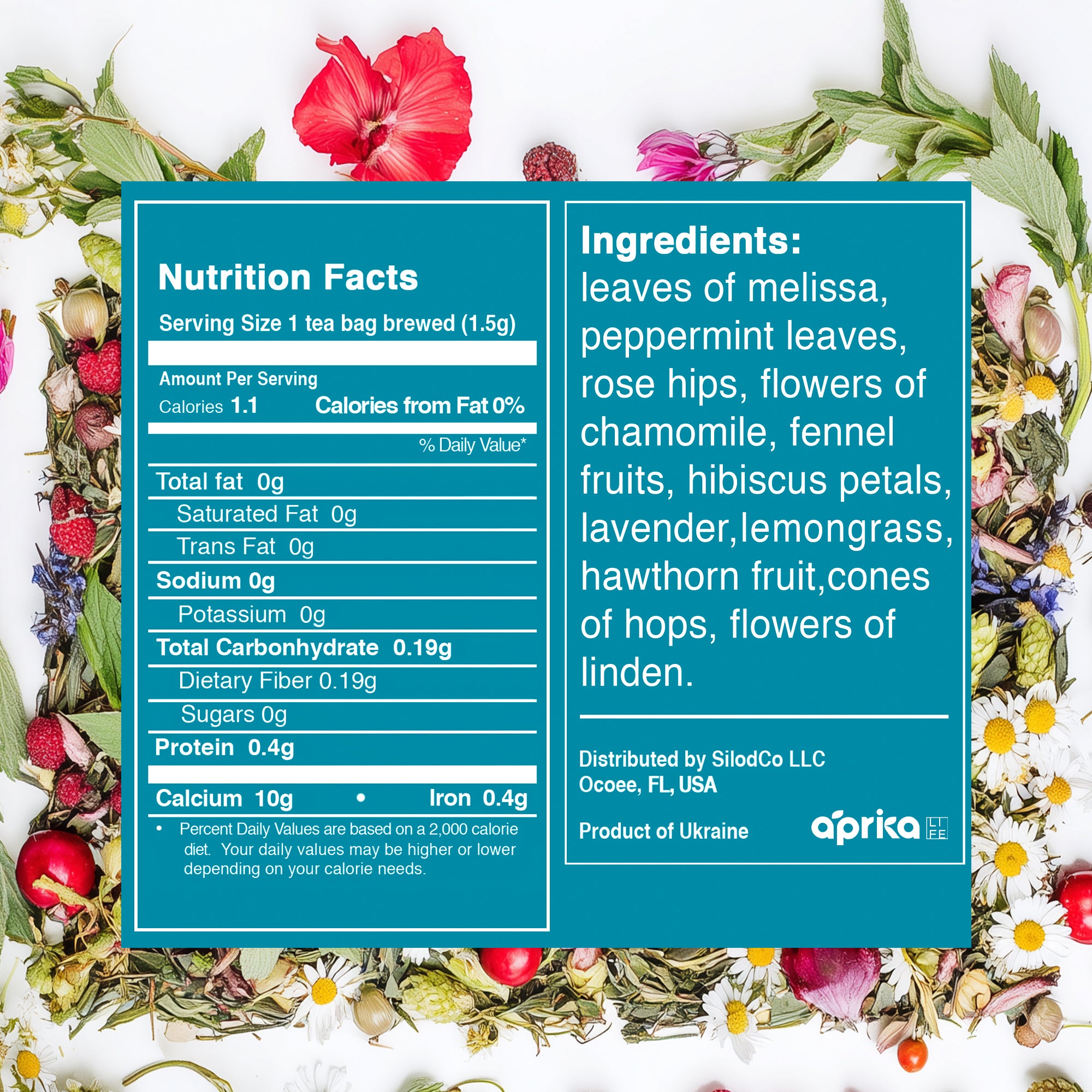 Herbal Sleep Tea, 60 Bags—nutrition label and ingredients showcased among dried herbs and colorful petals, offering a soothing, caffeine-free blend perfect for relaxation.