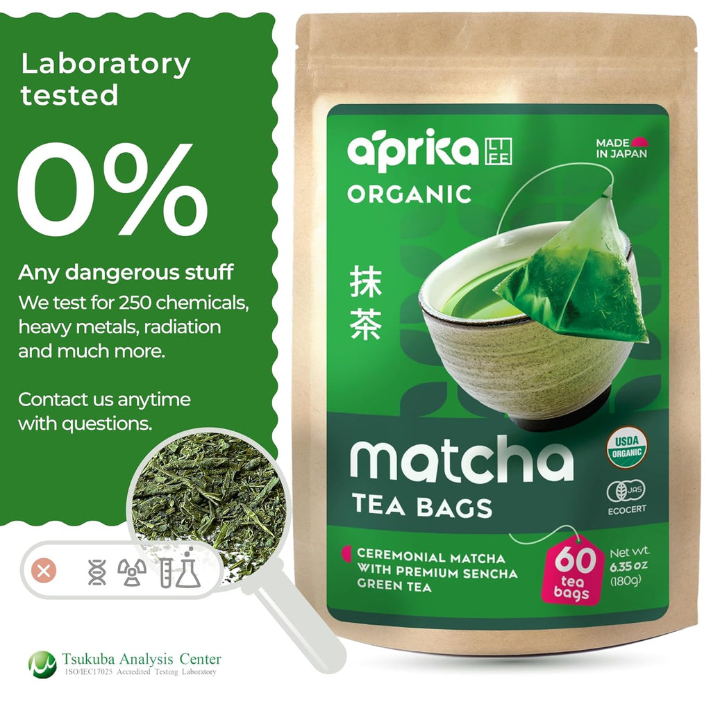 A package of Japanese Matcha Green Tea Bags, made from premium matcha with lab-tested safety, shown beside a cup of green tea.