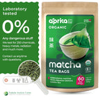 A package of Japanese Matcha Green Tea Bags, made from premium matcha with lab-tested safety, shown beside a cup of green tea.