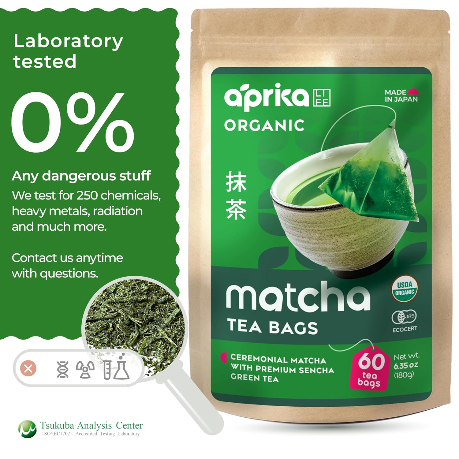 A package of Japanese Matcha Green Tea Bags, made from premium matcha with lab-tested safety, shown beside a cup of green tea.