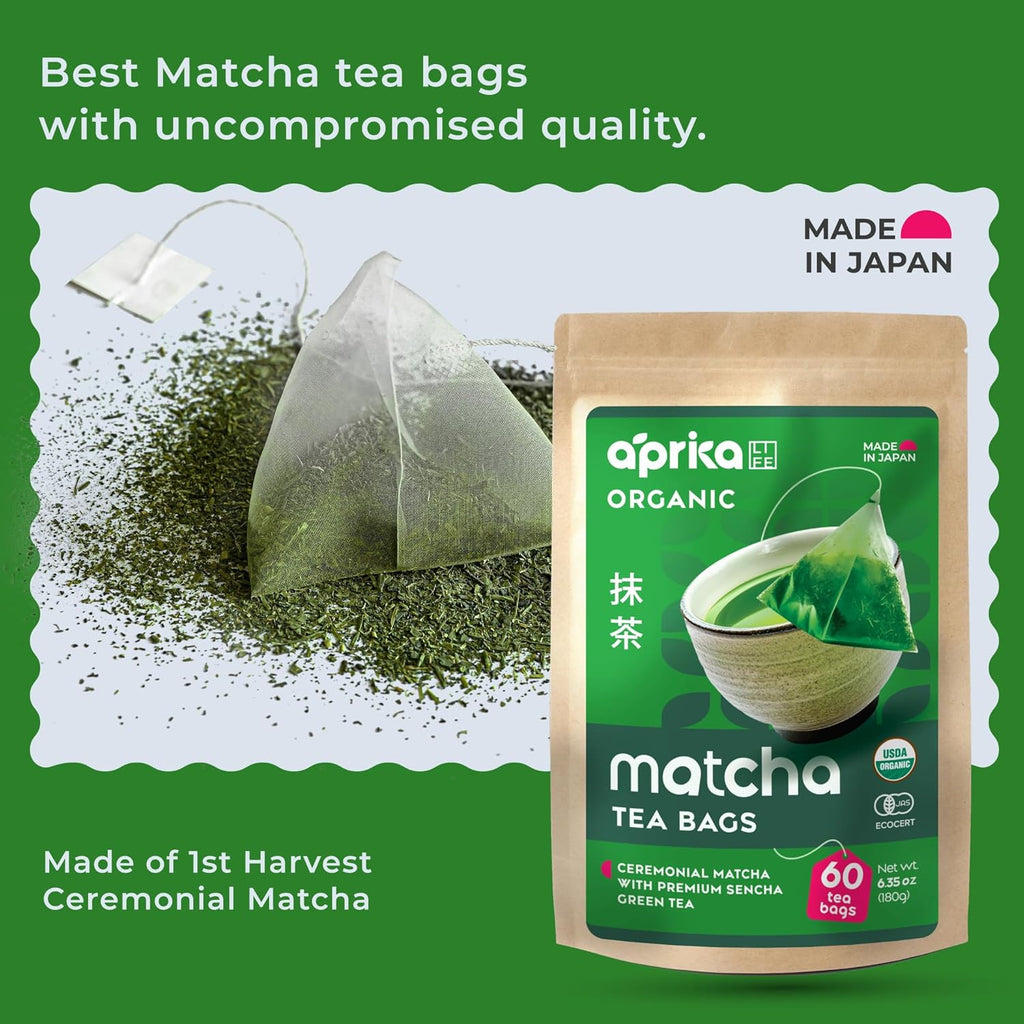 A package of Japanese Matcha Green Tea Bags, a matcha tea bag, and loose ceremonial-grade matcha powder are arranged on a green background.