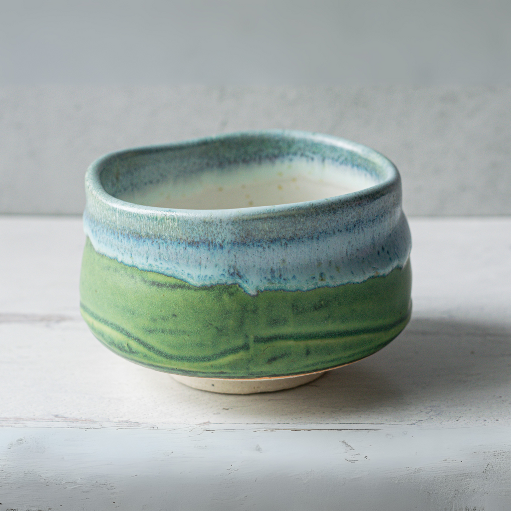 The Iguchi Deep Sea Clay Matcha Bowl is a beautiful Minoyaki pottery piece with a stunning green and blue glaze, elegantly displayed on a white wooden surface.