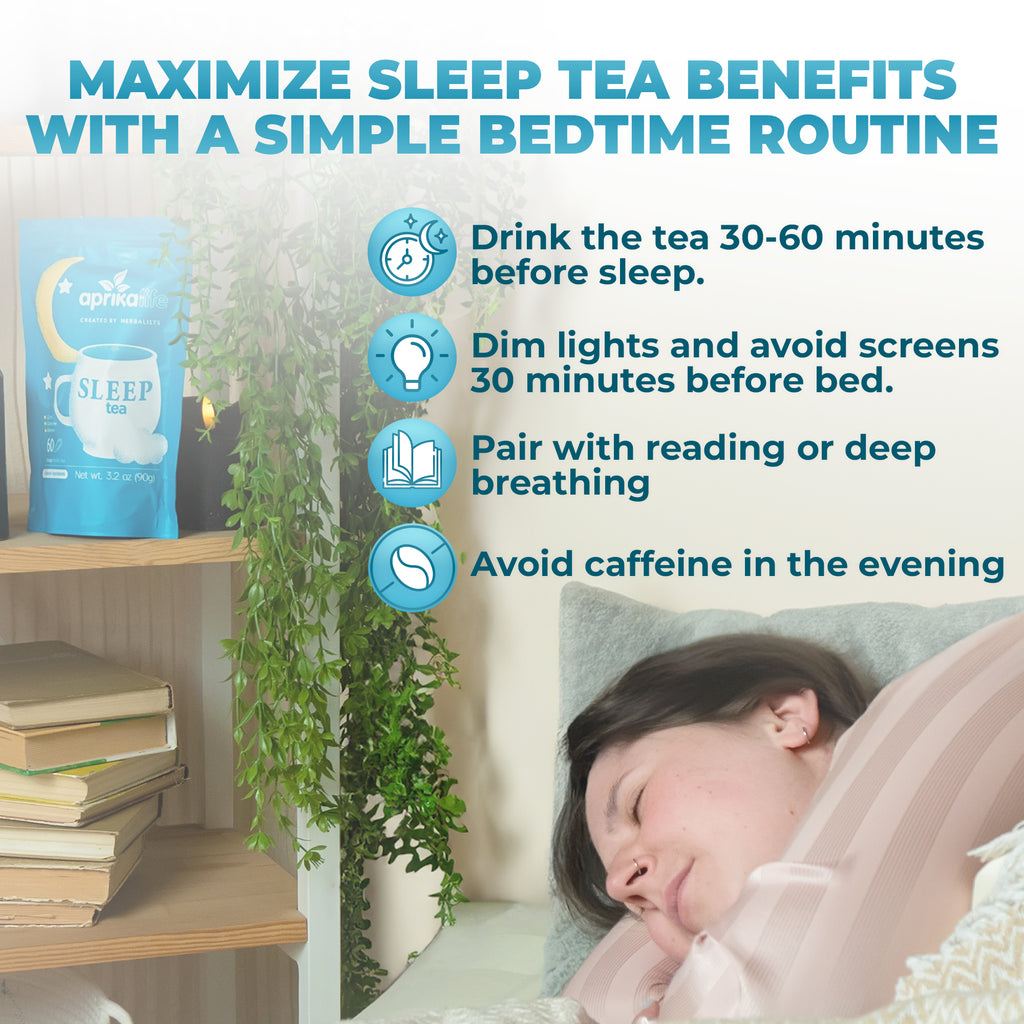 A woman sleeps in bed as Herbal Sleep Tea, 60 Bags sits on the shelf; four bedtime routine tips are listed to help maximize relaxation and the benefits of this caffeine-free herbal tea.