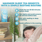A woman sleeps in bed as Herbal Sleep Tea, 60 Bags sits on the shelf; four bedtime routine tips are listed to help maximize relaxation and the benefits of this caffeine-free herbal tea.