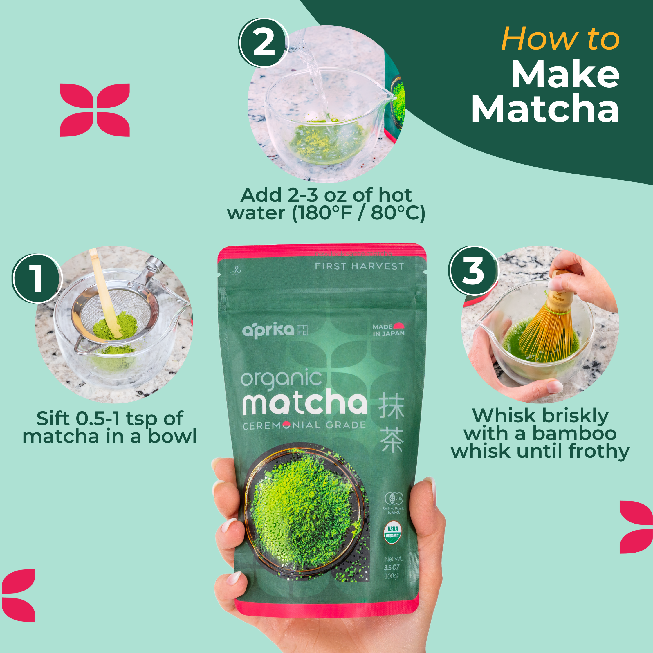 Instructions for preparing matcha using Organic Japanese Ceremonial Grade Matcha Green Tea Powder, including images of sifting the matcha, adding hot water, and whisking with a bamboo whisk.
