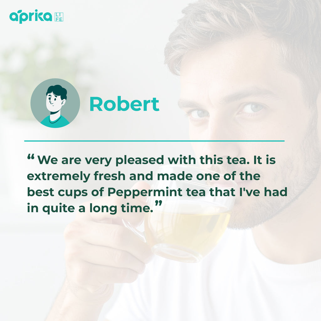 Robert enjoys 100% Pure Peppermint Herbal Tea (60 Bags), a caffeine-free blend praised for its wellness benefits, as shown by his positive review and the accompanying illustrated icon.
