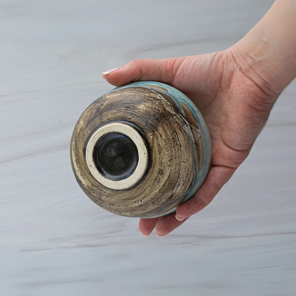 A hand holds the Japanese Matcha Tea Bowl Blue & Brown Glaze upside down, showcasing its rustic, round Minoyaki pottery design against a light gray background.