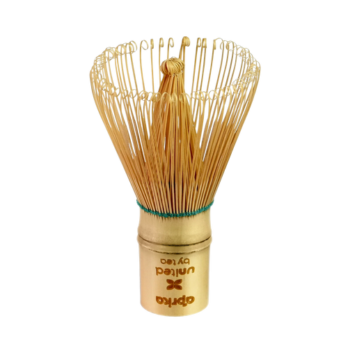The eco-friendly Bamboo Matcha Whisk (100 Prongs) with a carved handle is perfect for traditional Japanese tea ceremonies, set against a pristine white background.