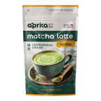 A package of Ceremonial Grade Matcha Latte Powder Mix with Natural Vanilla Flavor, featuring a cup of vibrant matcha on the front.