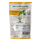 Back of a Ceremonial Grade Matcha Latte Powder Mix with Natural Vanilla Flavor package showing product info, nutrition facts, ceremonial-grade matcha details, and simple preparation steps.