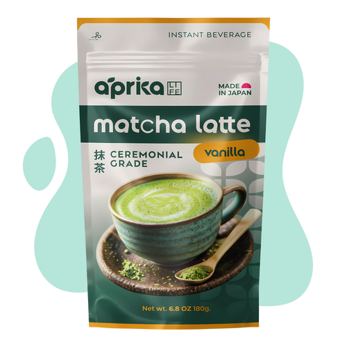 A package of Ceremonial Grade Matcha Latte Powder Mix with Natural Vanilla Flavor, featuring a vibrant green latte in a ceramic cup on the front.