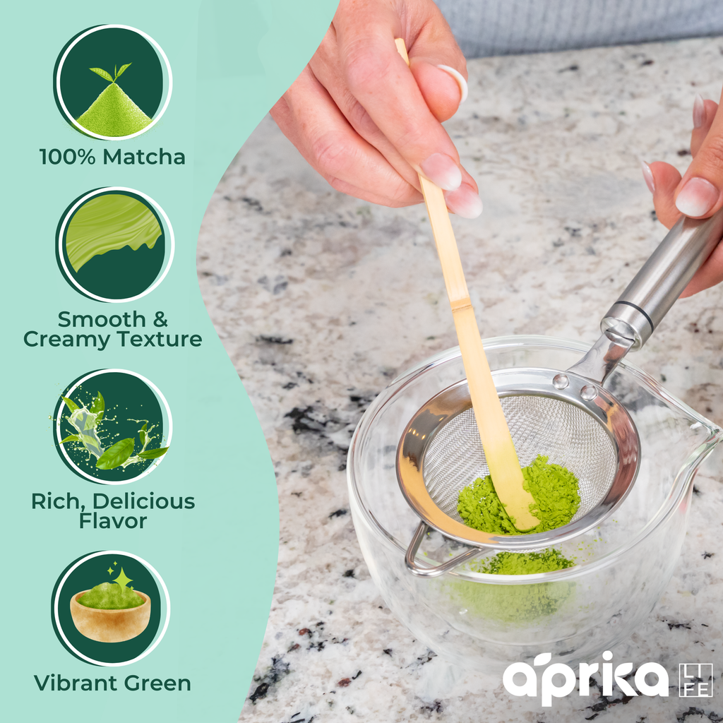 Someone sifts Organic Japanese Ceremonial Grade Matcha Green Tea Powder into a bowl, highlighting its 100% Matcha composition and smooth, creamy texture with rich flavor.