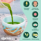 Pouring Organic Japanese Ceremonial Grade Matcha Green Tea Powder into a decorative cup with health benefits shown on the side.