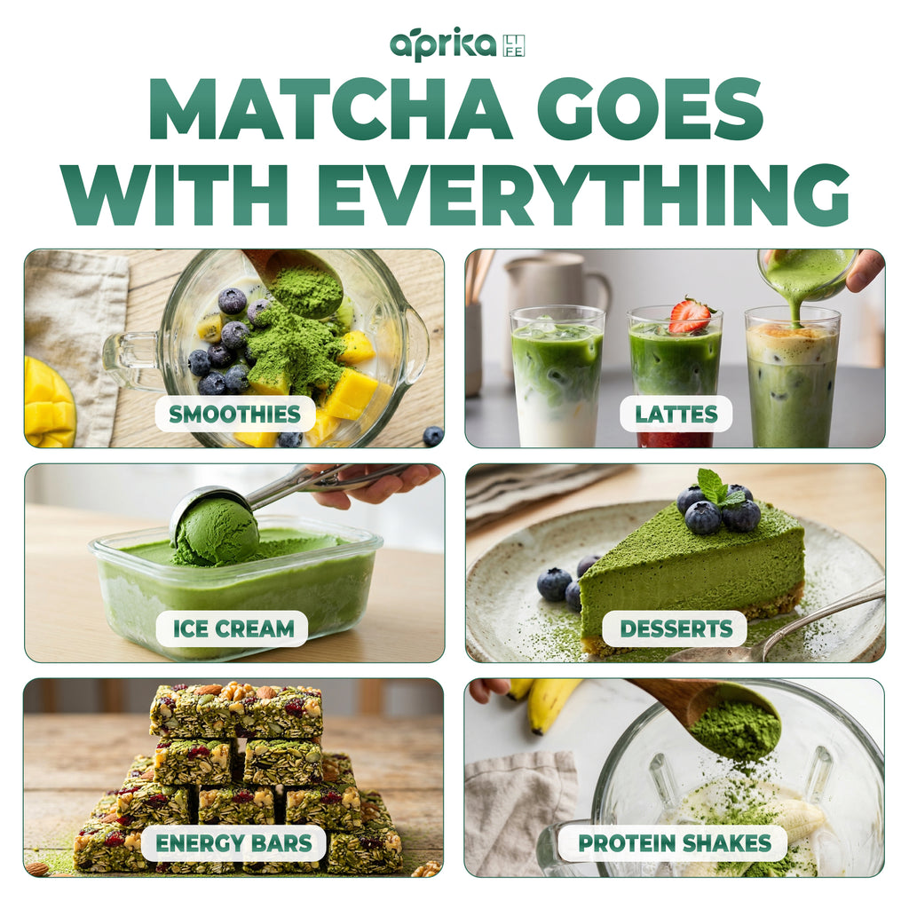 Collage featuring Aprika Life Organic Japanese Matcha Powder (3.5 oz, culinary grade, USDA & JAS organic) in smoothies, lattes, ice cream, desserts, energy bars, and protein shakes.