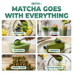 Collage featuring Aprika Life Organic Japanese Matcha Powder (3.5 oz, culinary grade, USDA & JAS organic) in smoothies, lattes, ice cream, desserts, energy bars, and protein shakes.