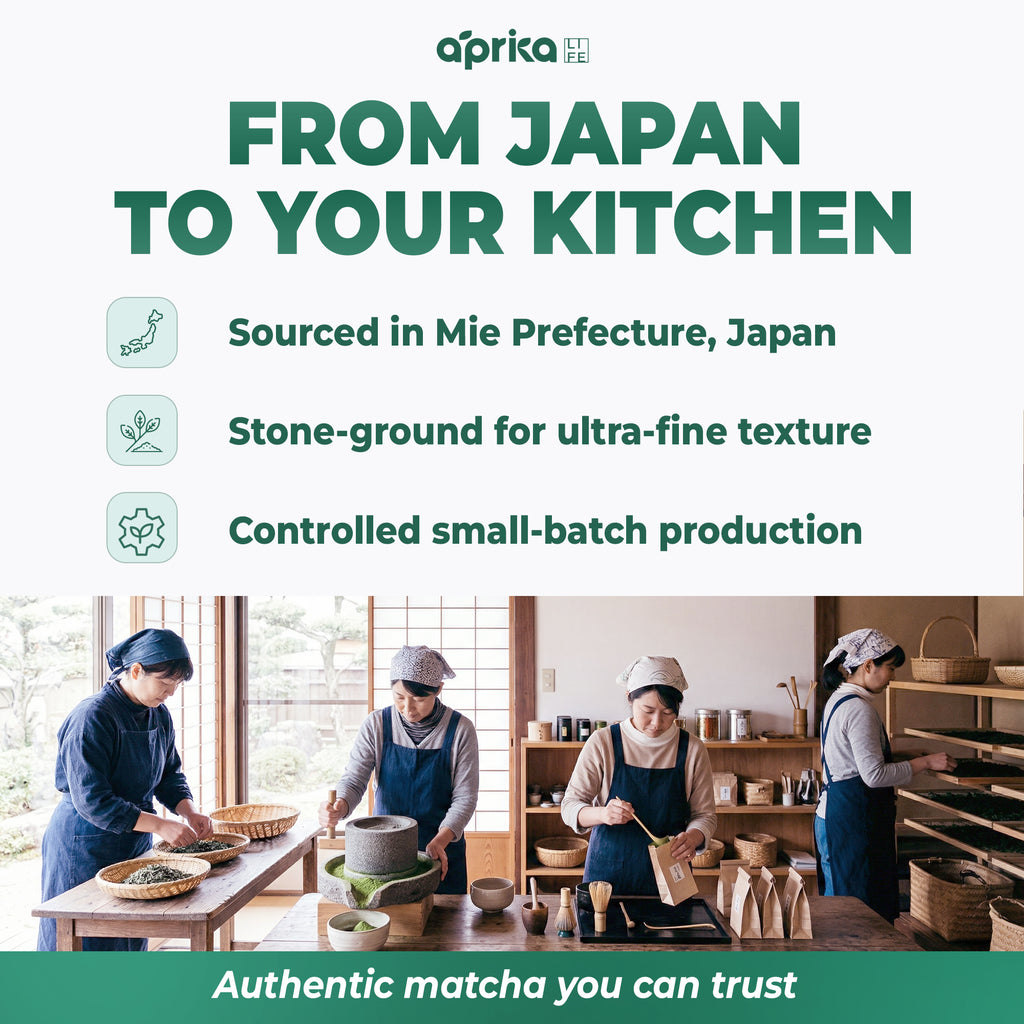 Four people preparing Aprika Life Organic Japanese Matcha Powder (3.5 oz, culinary grade, USDA & JAS certified) in a traditional Japanese kitchen, with text highlighting its authentic production methods for lattes and recipes.