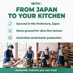 Four people preparing Aprika Life Organic Japanese Matcha Powder (3.5 oz, culinary grade, USDA & JAS certified) in a traditional Japanese kitchen, with text highlighting its authentic production methods for lattes and recipes.