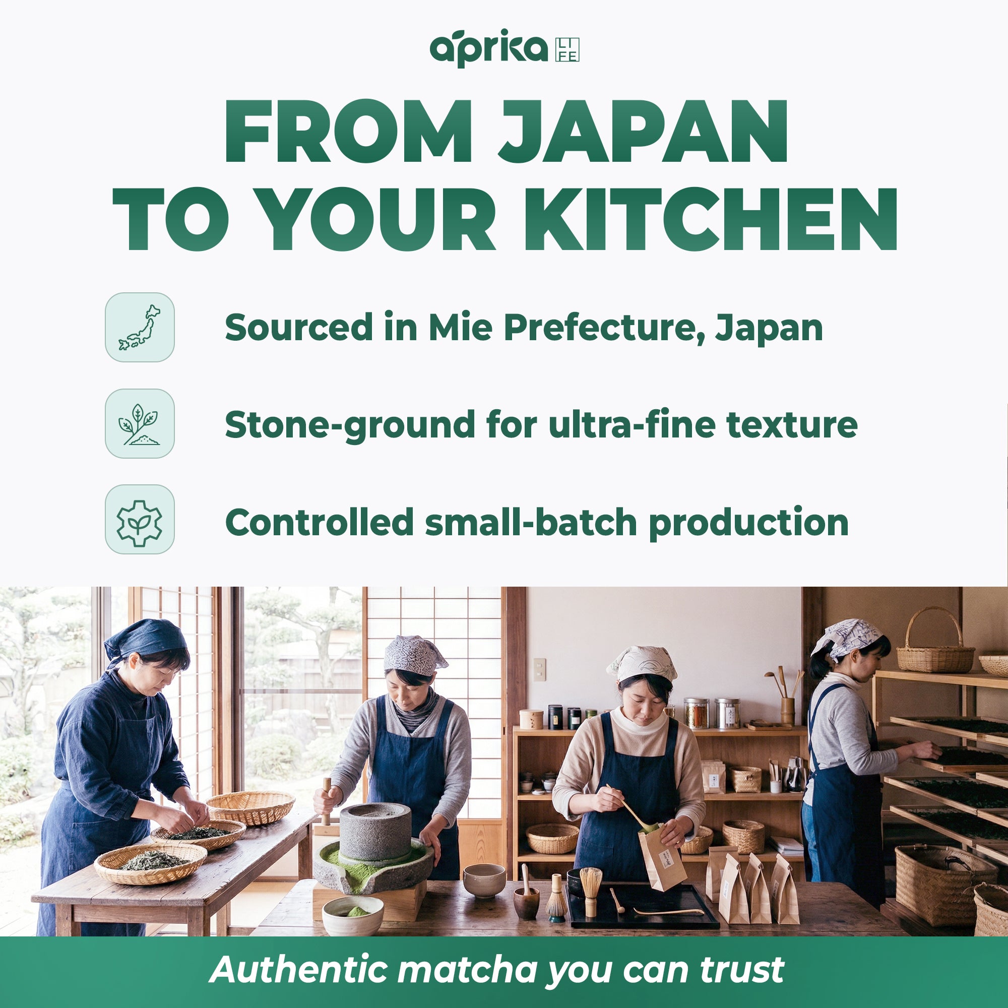 Four people preparing Aprika Life Organic Japanese Matcha Powder (3.5 oz, culinary grade, USDA & JAS certified) in a traditional Japanese kitchen, with text highlighting its authentic production methods for lattes and recipes.