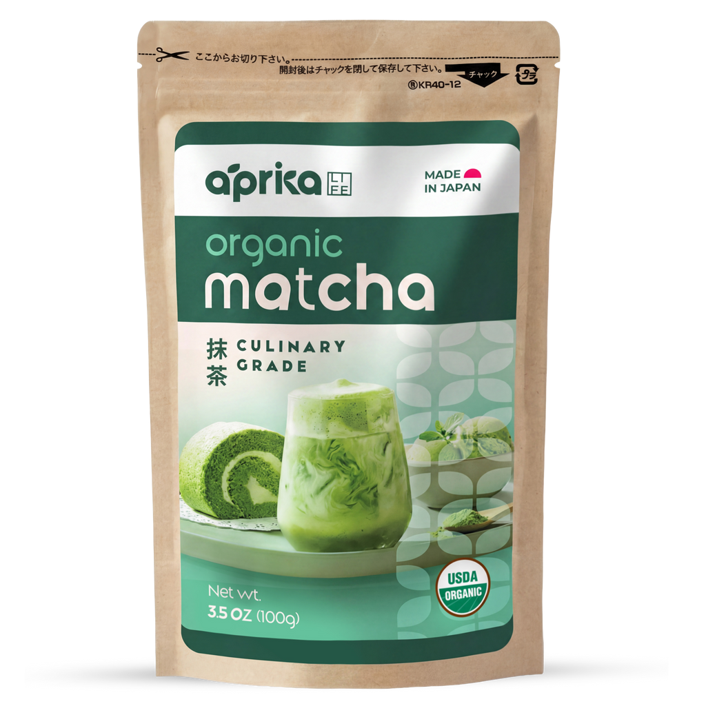 A brown pouch labeled "Matcha Powder for Latte, Smoothies and Recipes, Organic Japanese Matcha Powder, Culinary Grade Green Tea Powder, USDA & JAS Organic by Aprika Life - 3.5 Oz," with Japanese matcha desserts and drinks on the front.