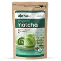A brown pouch labeled "Matcha Powder for Latte, Smoothies and Recipes, Organic Japanese Matcha Powder, Culinary Grade Green Tea Powder, USDA & JAS Organic by Aprika Life - 3.5 Oz," with Japanese matcha desserts and drinks on the front.