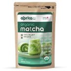 A brown pouch labeled "Matcha Powder for Latte, Smoothies and Recipes, Organic Japanese Matcha Powder, Culinary Grade Green Tea Powder, USDA & JAS Organic by Aprika Life - 3.5 Oz," with Japanese matcha desserts and drinks on the front.