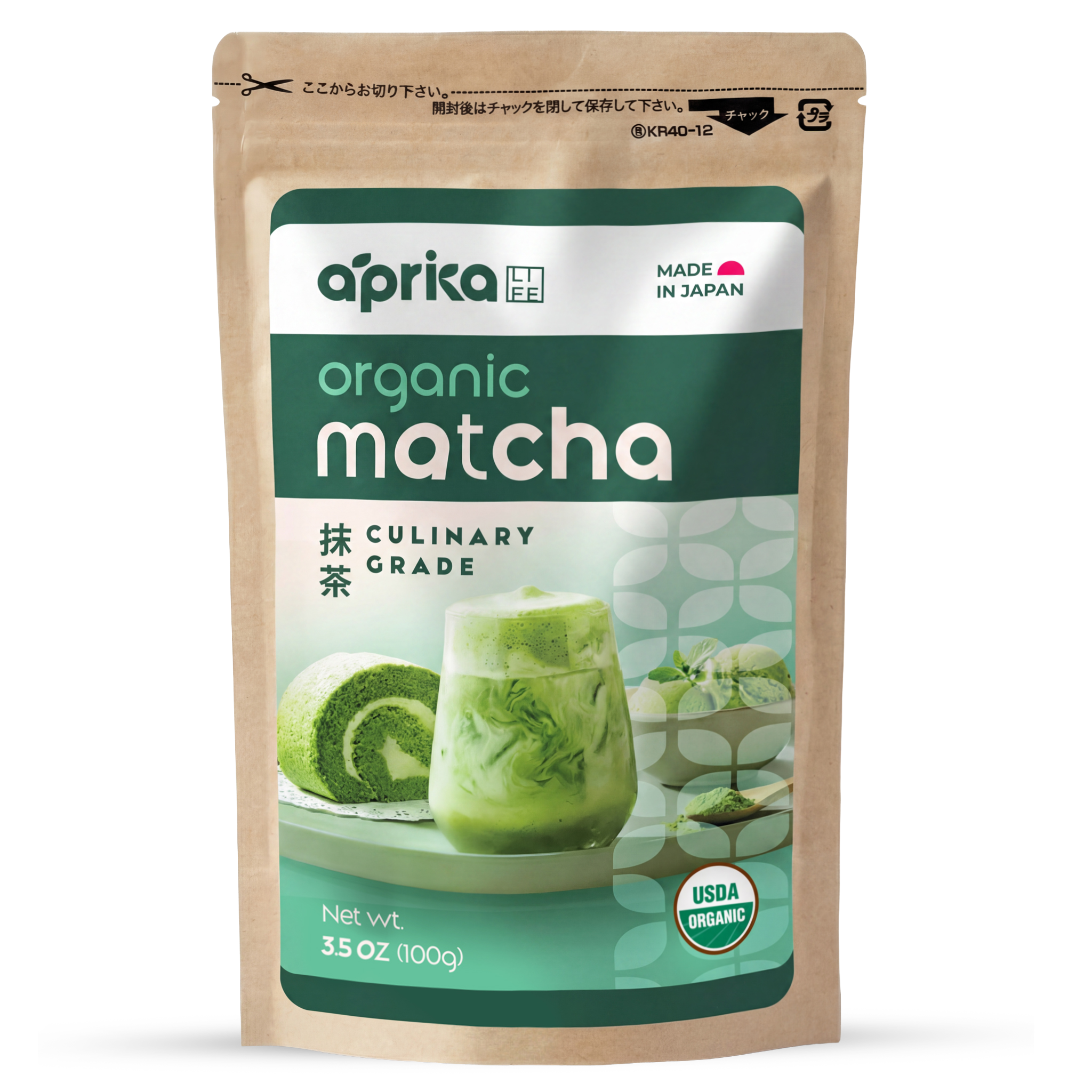 A brown pouch labeled "Matcha Powder for Latte, Smoothies and Recipes, Organic Japanese Matcha Powder, Culinary Grade Green Tea Powder, USDA & JAS Organic by Aprika Life - 3.5 Oz," with Japanese matcha desserts and drinks on the front.