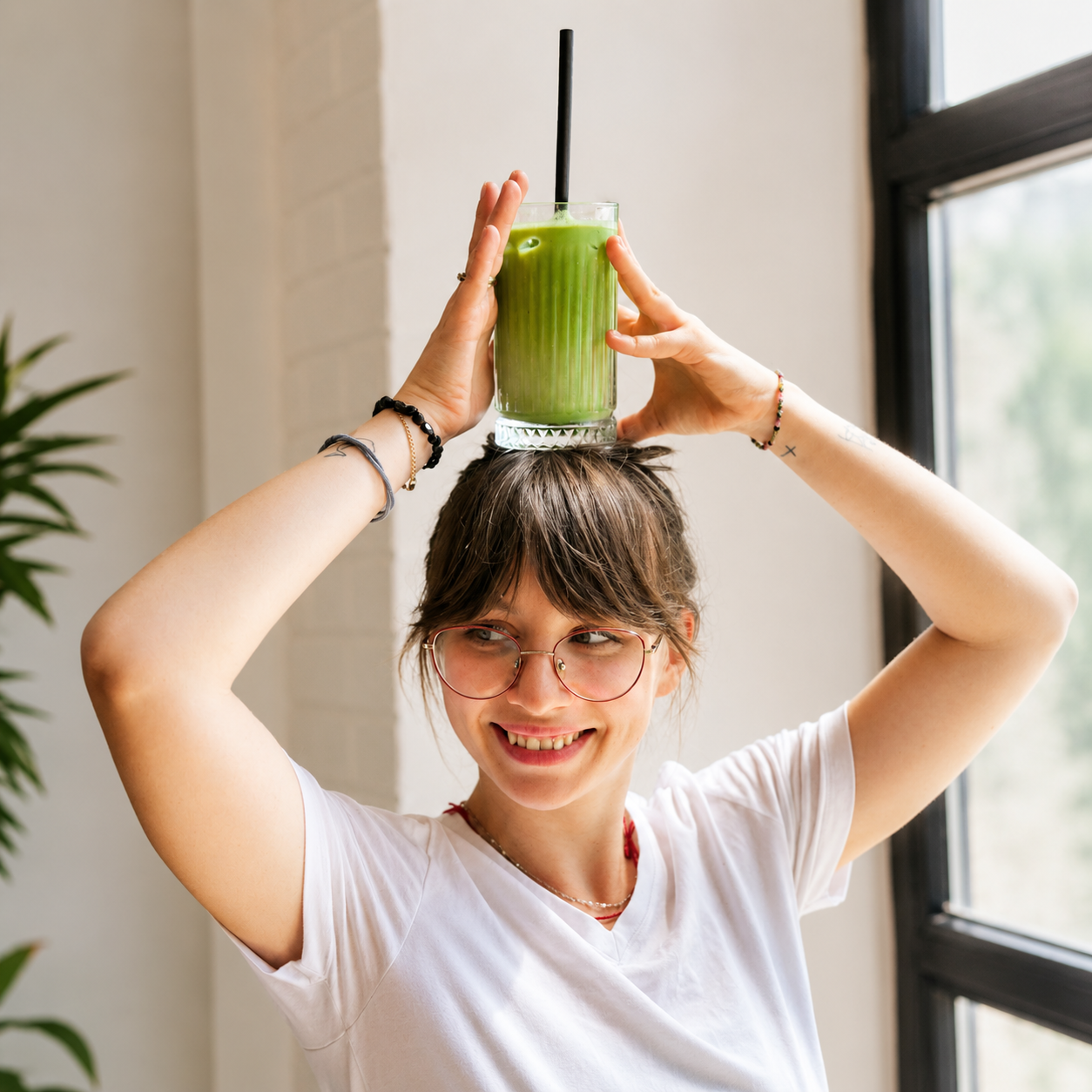 A smiling person holds a glass of green smoothie made with Culinary Grade Matcha Powder for Latte, Smoothies and Recipes - 1.1 LB above their head indoors by a window.