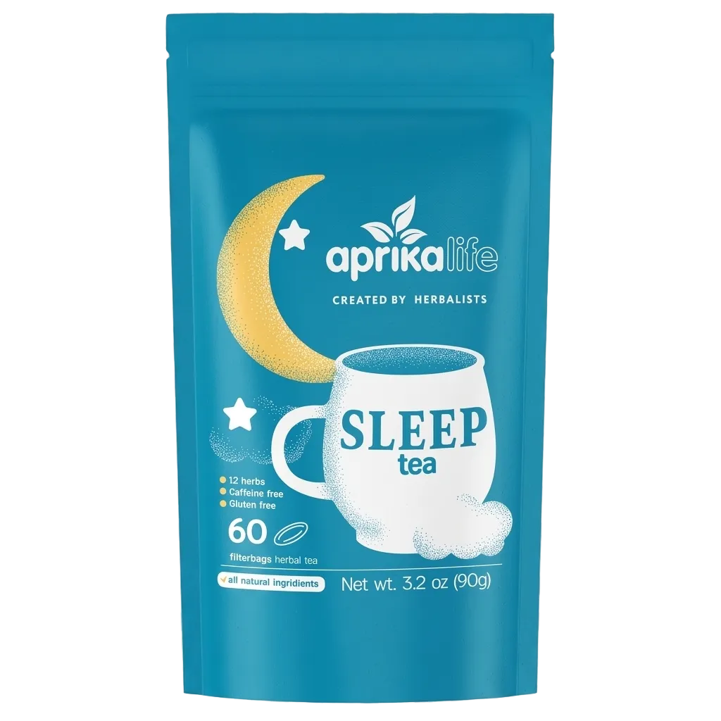 The Herbal Sleep Tea, 60 Bags, comes in a blue package featuring a moon, stars, and steaming cup design; this caffeine-free herbal tea is ideal for relaxation.