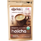 The front view of the Hojicha Green Tea Powder package features an aromatic roasted tea essence, a cup of tea image, and Japanese text, crafted from traditional Japanese leaves.