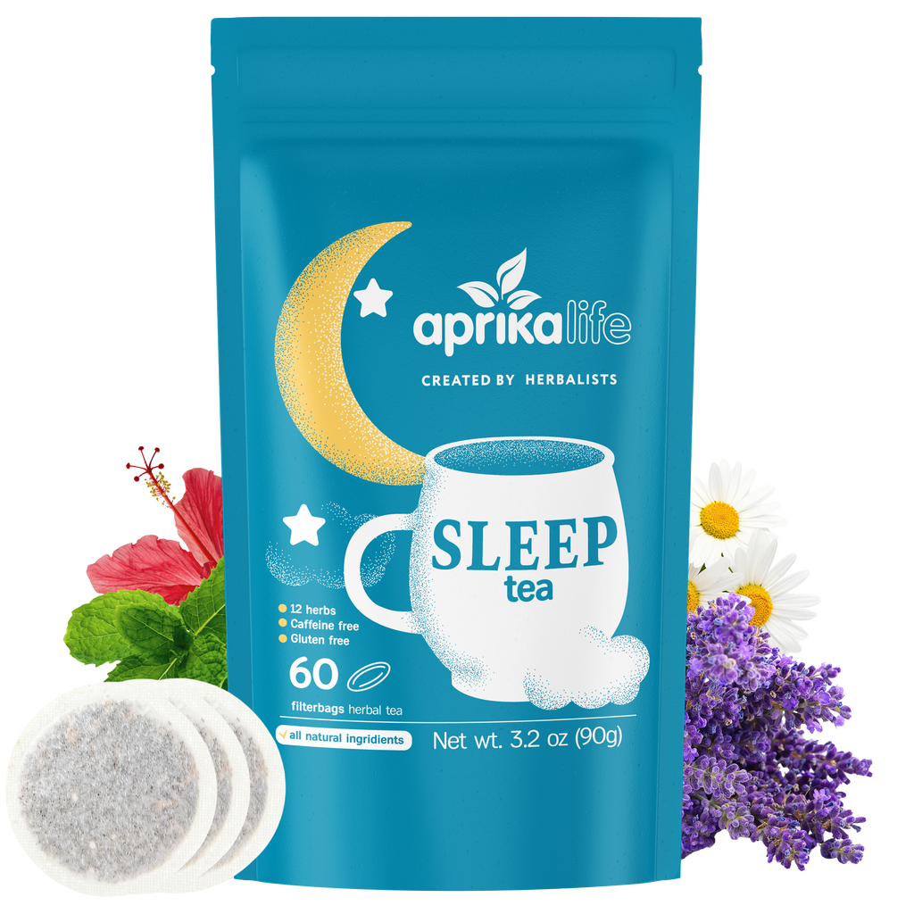 Blue bag of Herbal Sleep Tea, 60 Bags, featuring herbs and flowers with three caffeine-free herbal tea bags shown in front of the package for ultimate relaxation.