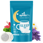Blue bag of Herbal Sleep Tea, 60 Bags, featuring herbs and flowers with three caffeine-free herbal tea bags shown in front of the package for ultimate relaxation.