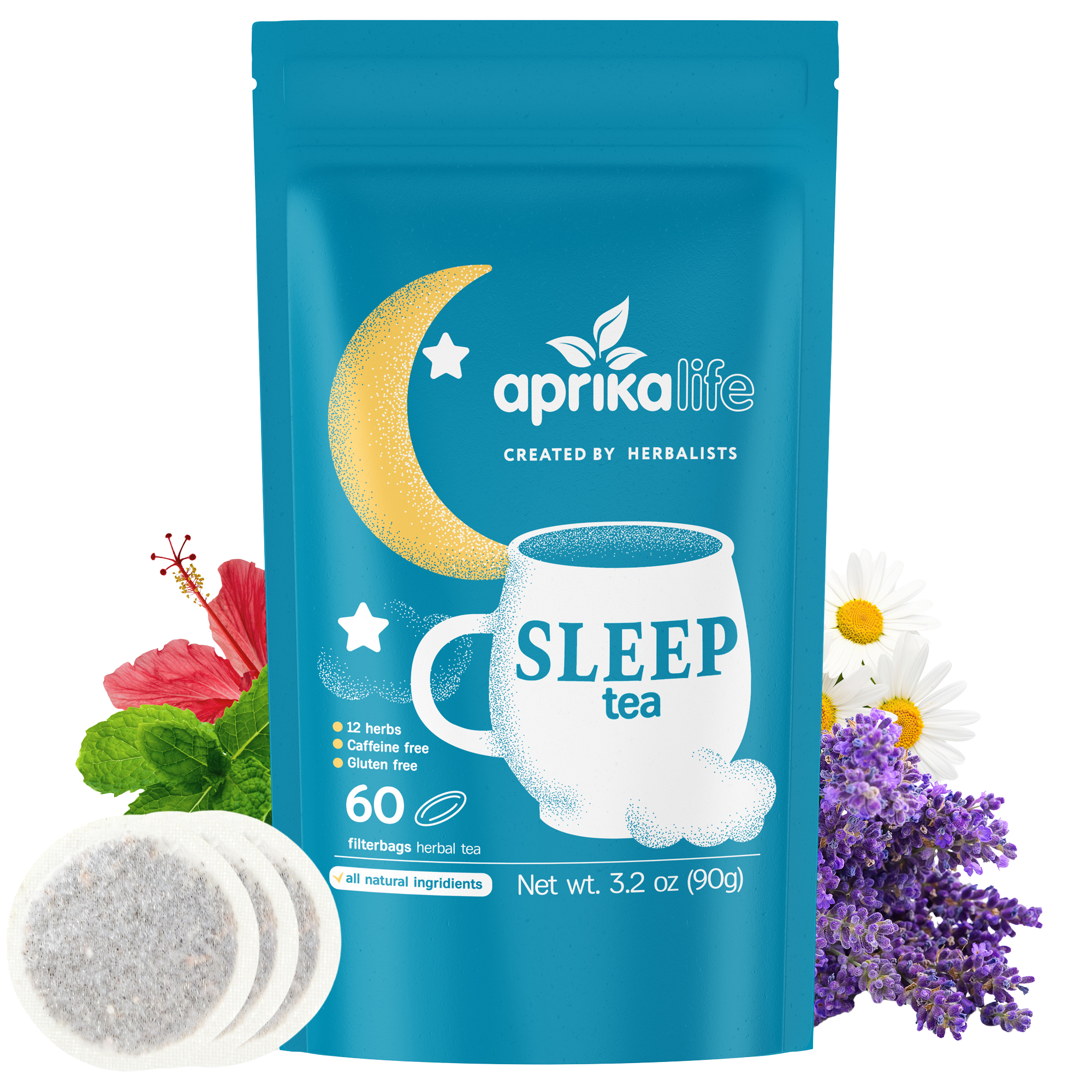 Blue bag of Herbal Sleep Tea, 60 Bags, featuring herbs and flowers with three caffeine-free herbal tea bags shown in front of the package for ultimate relaxation.