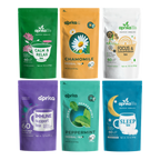 The Herbal Tea Sample, 6 Bags features six colorful packages, each showcasing a unique herbal blend and health benefit with expert formulas—ideal for sampling wellness teas.