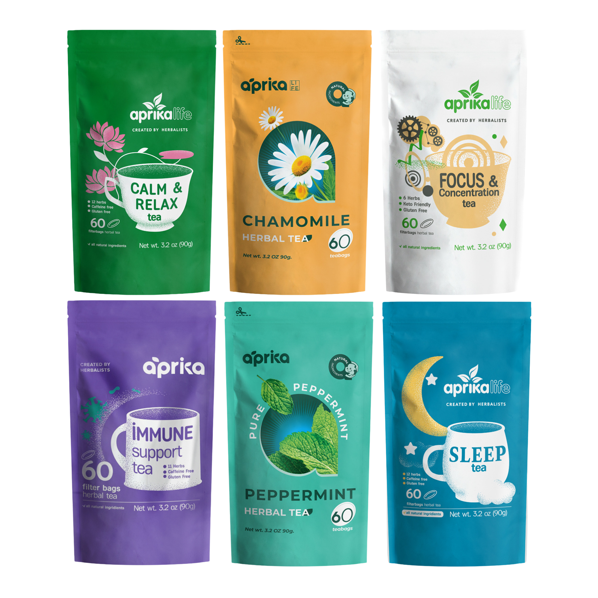 The Herbal Tea Sample, 6 Bags features six colorful packages, each showcasing a unique herbal blend and health benefit with expert formulas—ideal for sampling wellness teas.