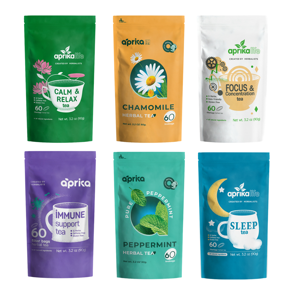 The Herbal Tea Sample, 6 Bags offers herbalist-crafted blends in six colorful packages, labeled for benefits like calm, focus, immune support, and sleep. Includes a sample tea bag of each blend to try.