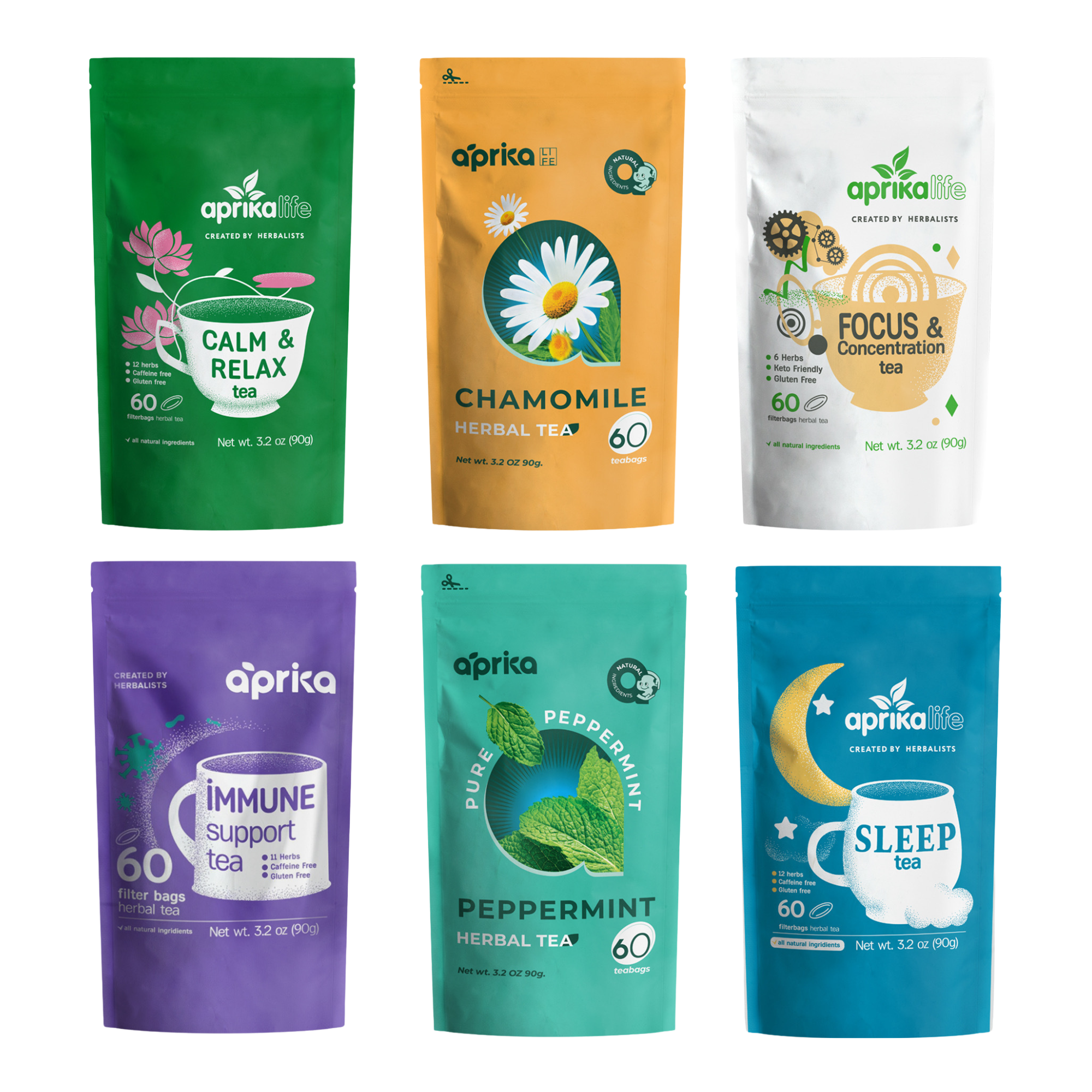 The Herbal Tea Sample, 6 Bags offers herbalist-crafted blends in six colorful packages, labeled for benefits like calm, focus, immune support, and sleep. Includes a sample tea bag of each blend to try.