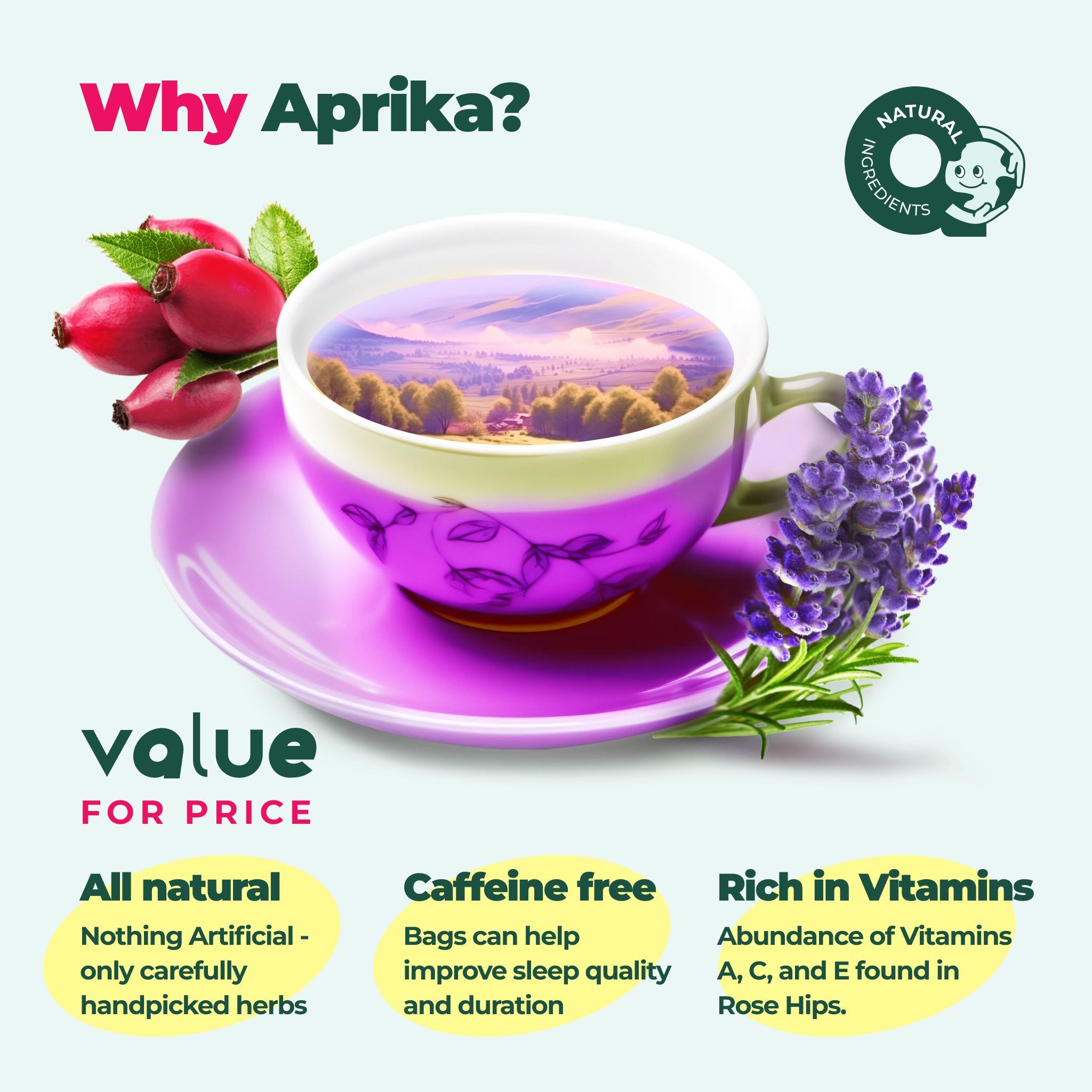 Purple cup featuring a scenic landscape, adorned with lavender and rose hips, promoting the benefits of Immune System Support Herbal Tea for natural immunity.