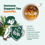 Illustration of Immune System Support Herbal Tea benefits featuring herbs, a teacup, and a shield graphic. Immune health benefits list includes 1-7 points, highlighting the natural immune support this soothing blend offers.
