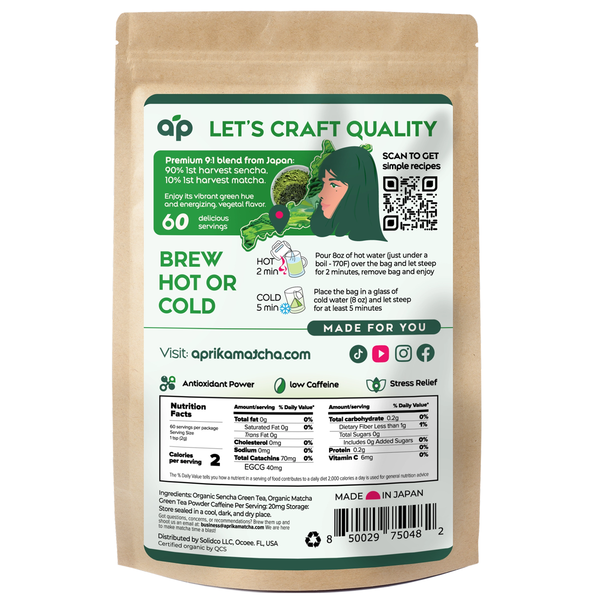Back of Japanese Matcha Green Tea Bags package displays instructions, nutritional info, and features a woman holding a cup of tea.