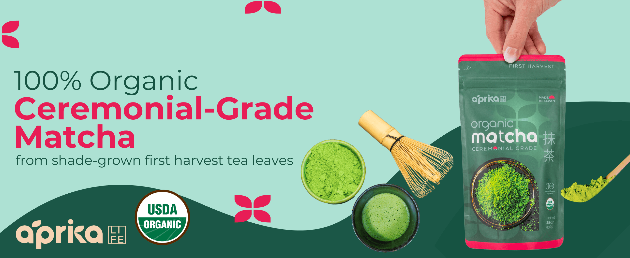 A hand holds a bag of organic ceremonial-grade matcha; matcha powder, tea, and utensils are displayed nearby.