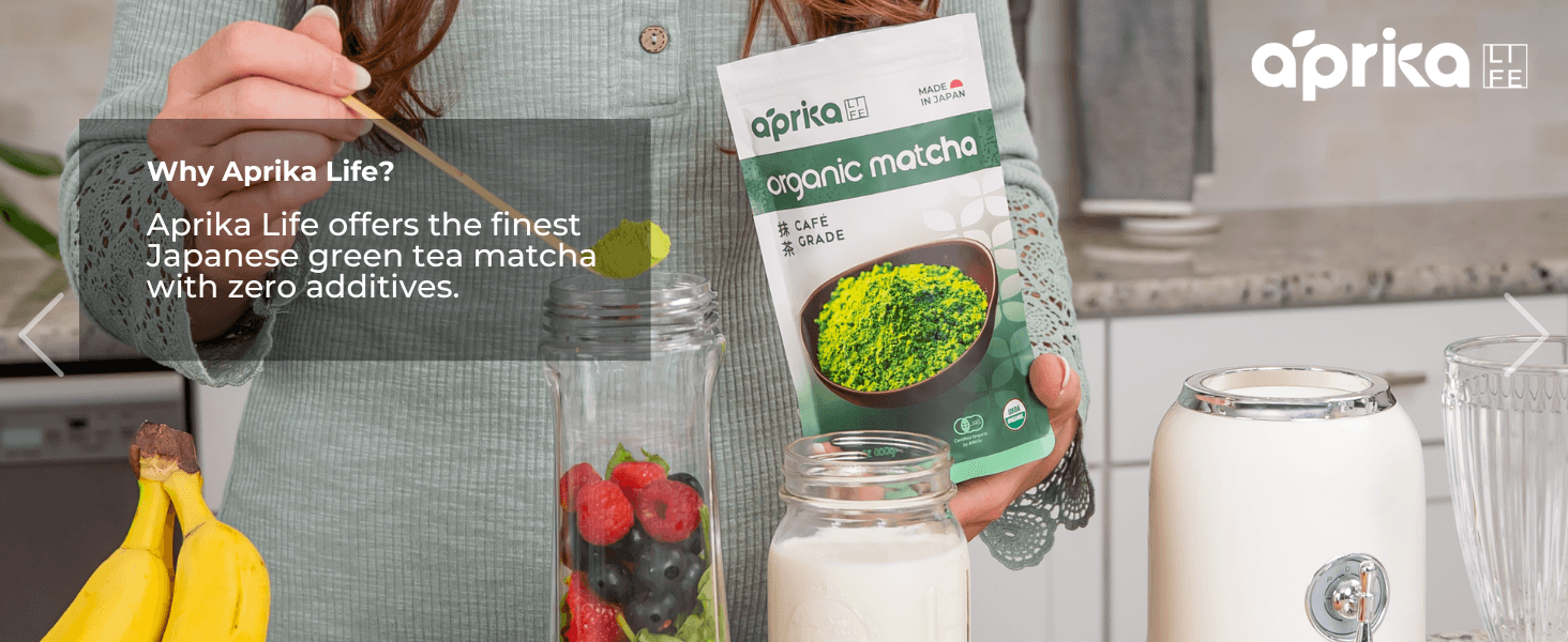 A person adds green tea matcha powder to a jar of fruit; a bag labeled "Organic Matcha" is visible.