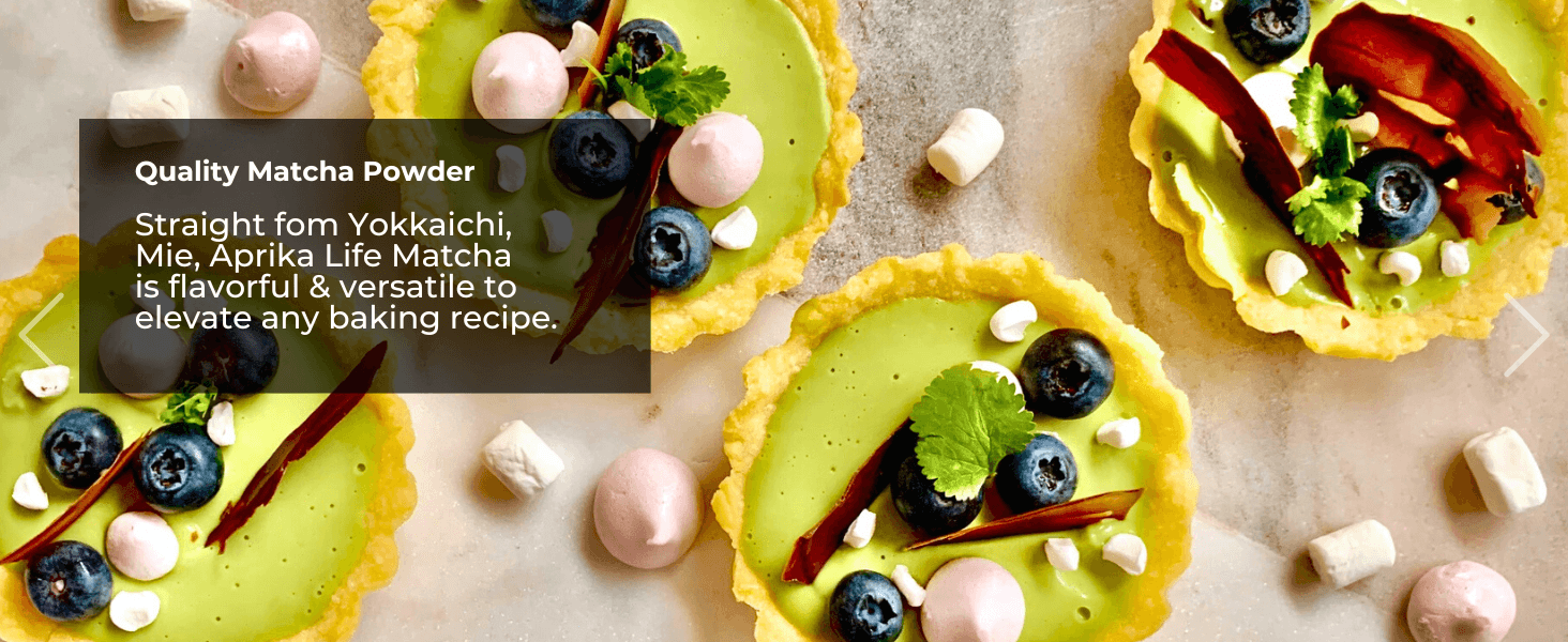 Tarts with green matcha filling, blueberries, herbs, and meringue on a light surface, text overlay on the left.