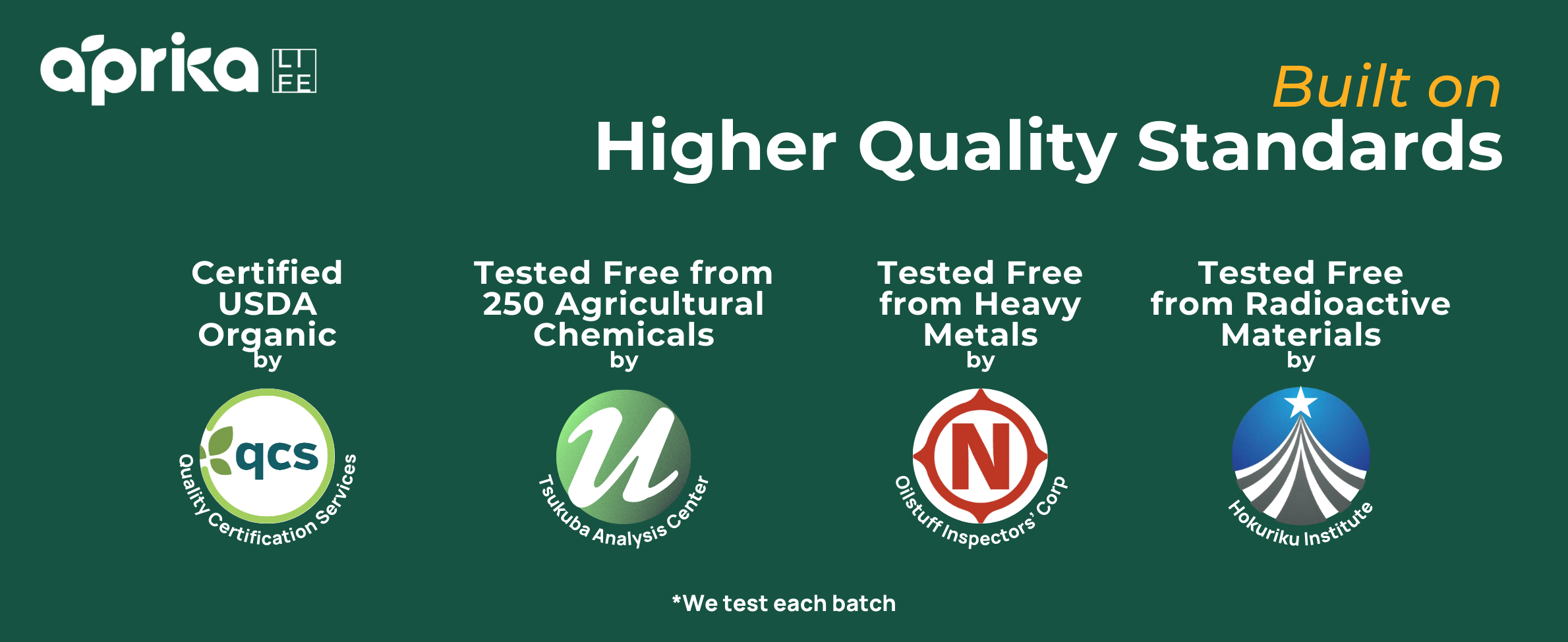 Aprika Life product certifications for organic, chemical-free, heavy metal-free, and radiation-free standards.