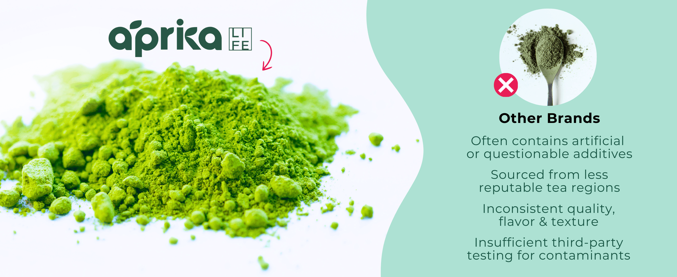 A heap of vibrant green tea powder with a comparison list between "áprika" and other tea brands on the right side.
