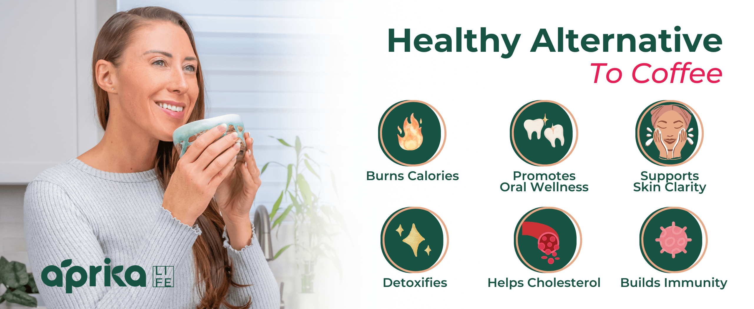 Woman smiling and holding a cup, with health benefit icons and text promoting a healthy alternative to coffee.