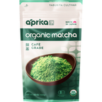 A green and white package labeled café-grade features the name "Organic Japanese Matcha Green Tea Powder" and showcases a bowl of vibrant matcha on the front.