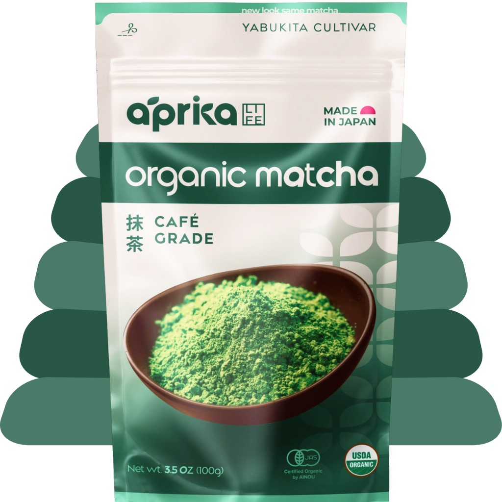 A green and white package of organic Japanese Matcha Green Tea Powder, featuring a bowl of café-grade matcha on the front.