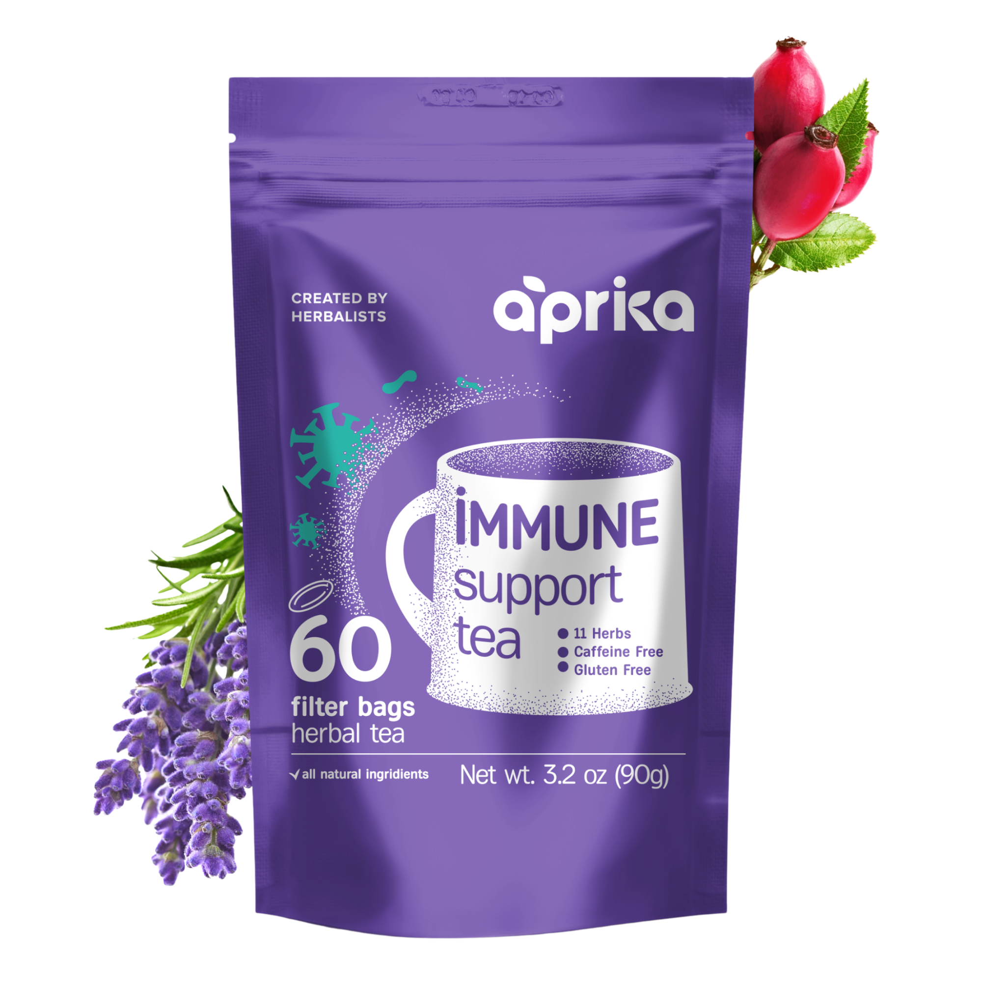 Purple package of Immune System Support Herbal Tea with lavender and rose hips, offering natural immune support; includes 60 bags.