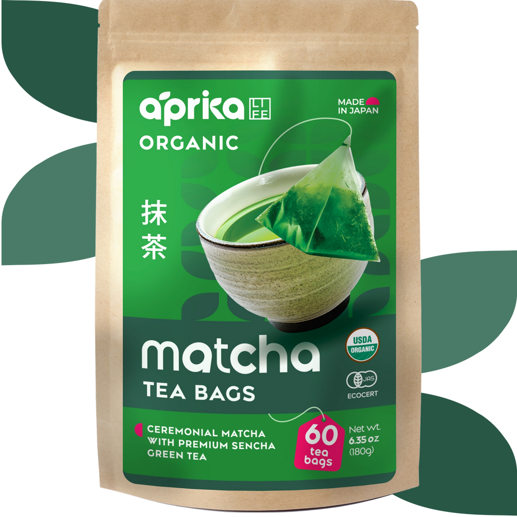 A box of Japanese Matcha Green Tea Bags with a green bowl of ceremonial-grade matcha and tea leaves in the background.
