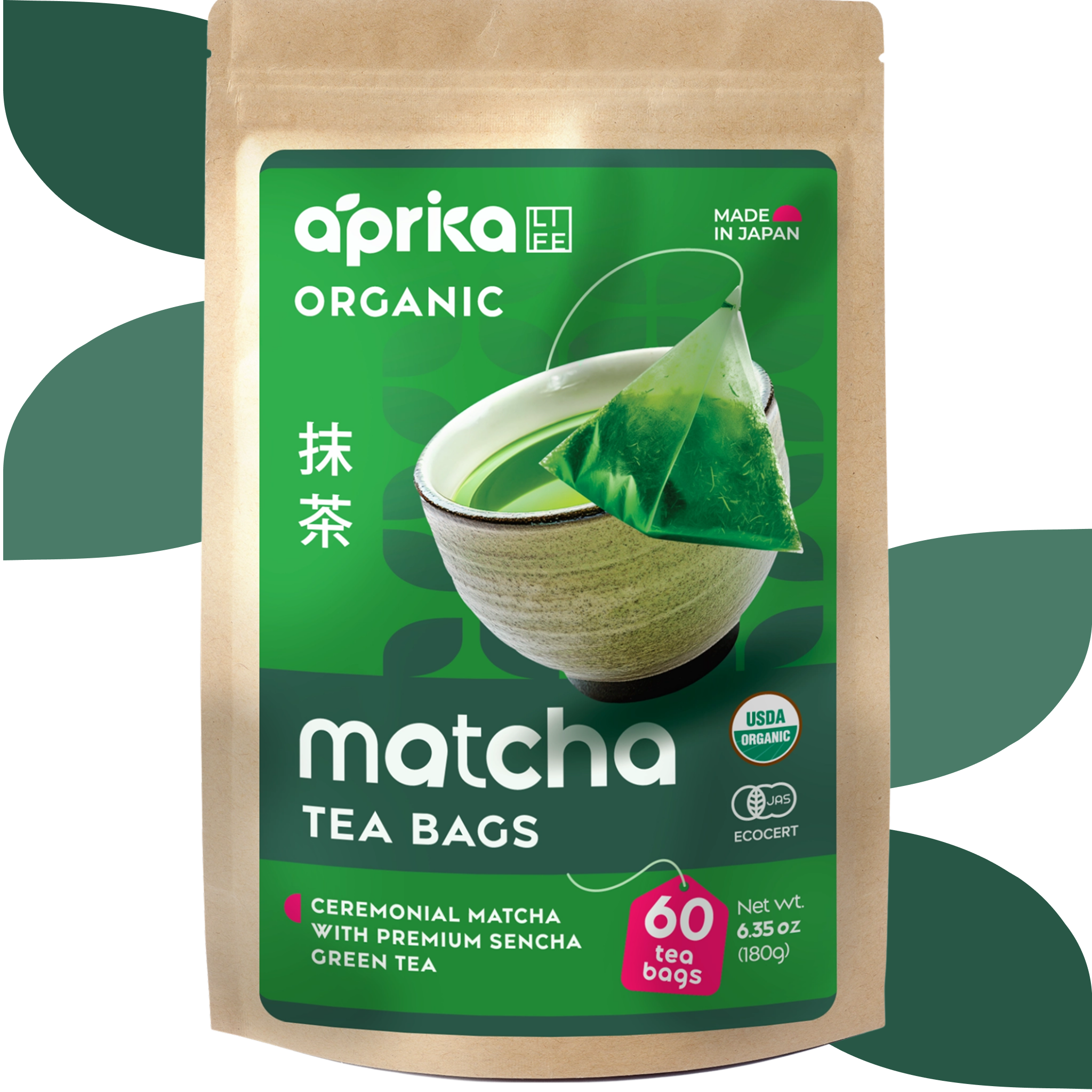 A box of Japanese Matcha Green Tea Bags with a green bowl of ceremonial-grade matcha and tea leaves in the background.